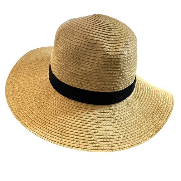 J Crew Womens Packable Sun Hat M-L Natural Tan Black Ribbon - Picture 4 of 10
